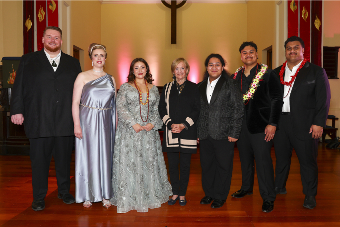 Samuel Downes (from left), Cecily Shaw, Sarah Mileham, Frederica von Stade, Samuel Mataele, Jordan Fonoti-Fuimaono and Faamanu Fonoti-Fuimaono.