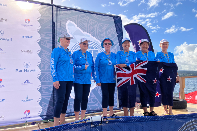 Karen Moses, Eve Tregerthan and the crew at the 2024 Waka Ama World Sprints in Hilo, Hawaii. Photo supplied.